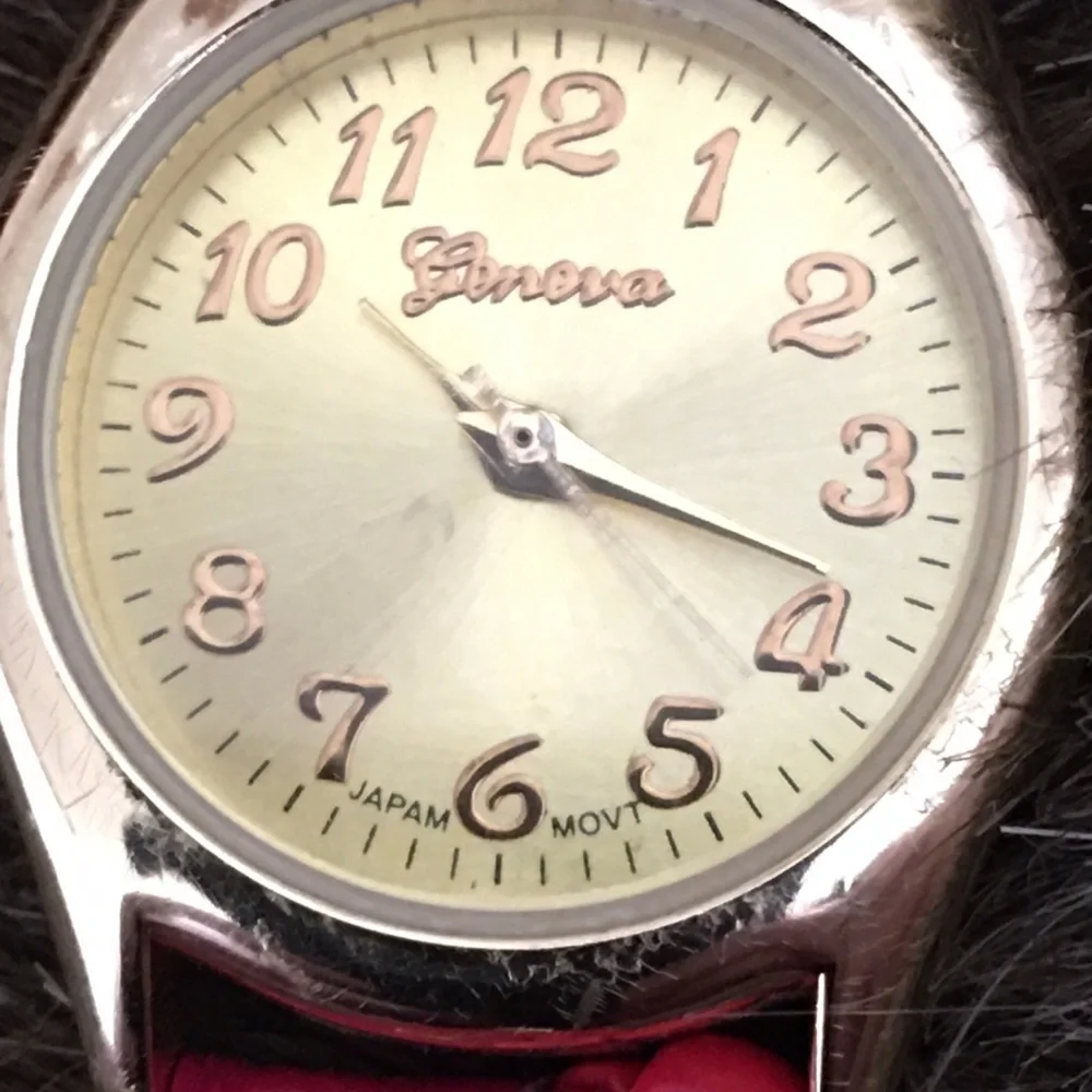Geneva red braided leather wrap bracelet watch